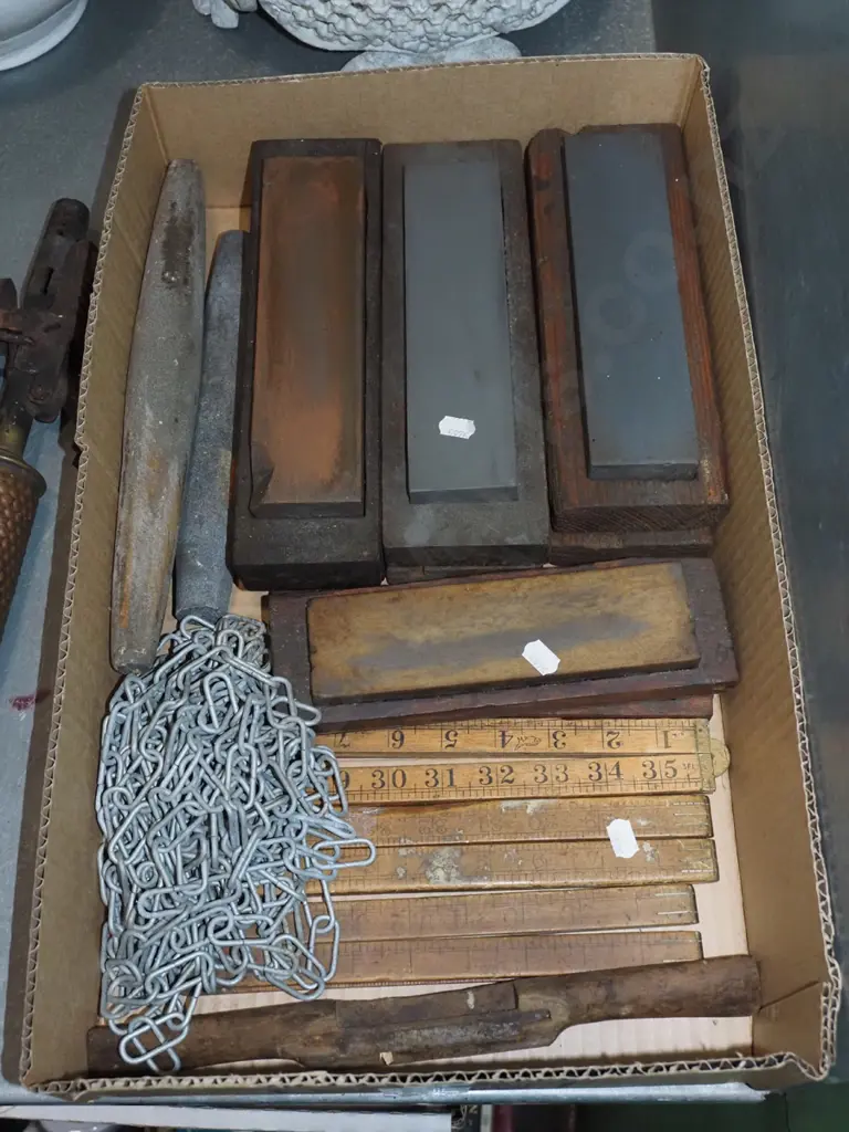 box; sharpening stones, builders rules etc Image 1++
