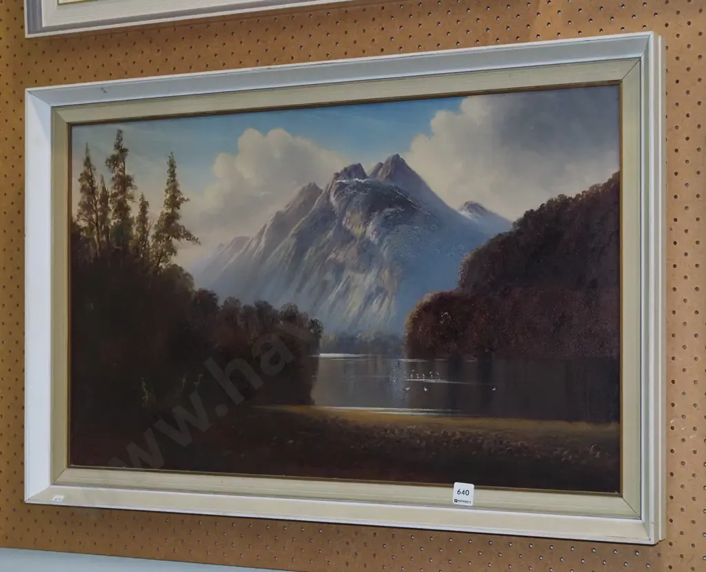 framed oil on board - lake and mountain scene -  damage Image 1++