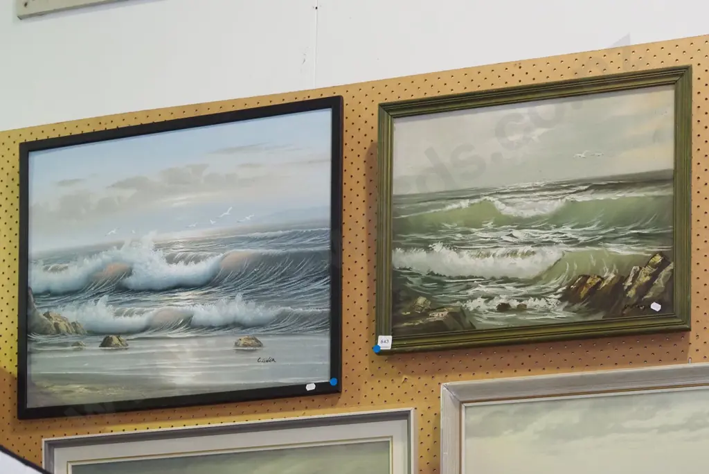 2x framed oils - seascapes - blue dots Image 1++