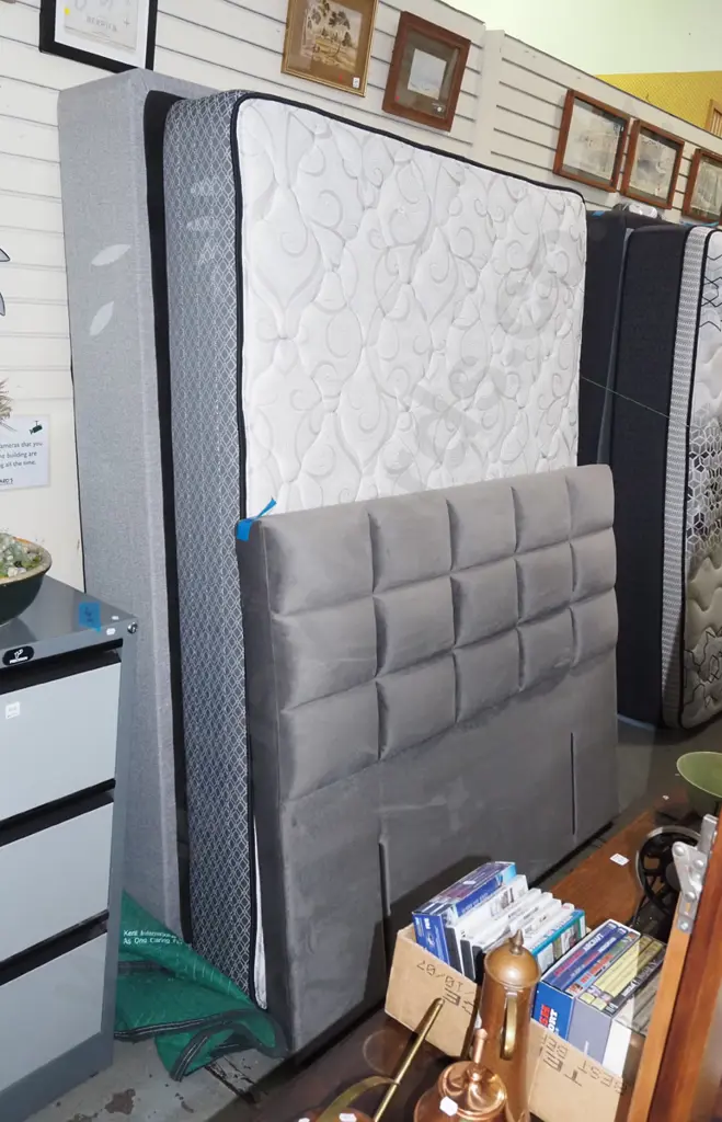 Sealey Support Plus queen bed base matress and grey upholstered headboard Image 1++