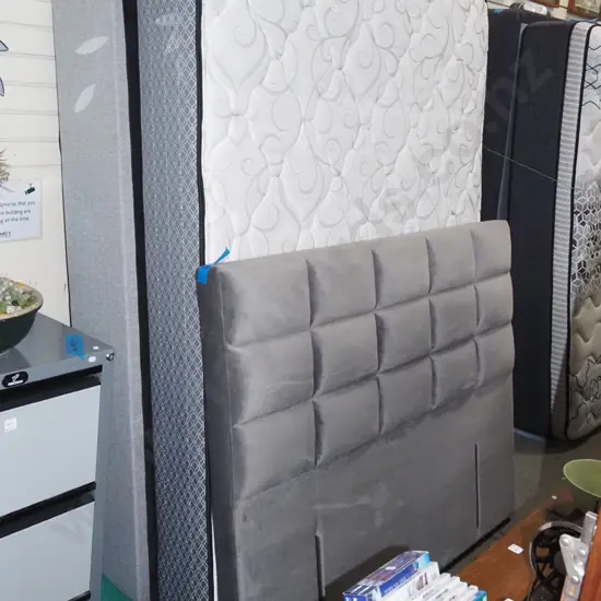 Sealey Support Plus queen bed base matress and grey upholstered headboard