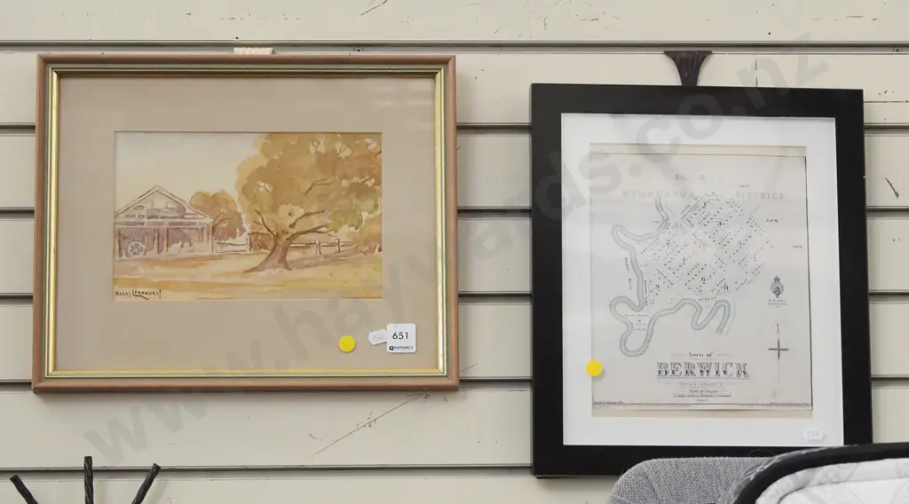 framed watercolour - farm building, framed reproduction map - Berwick - yellow dots Image 1++