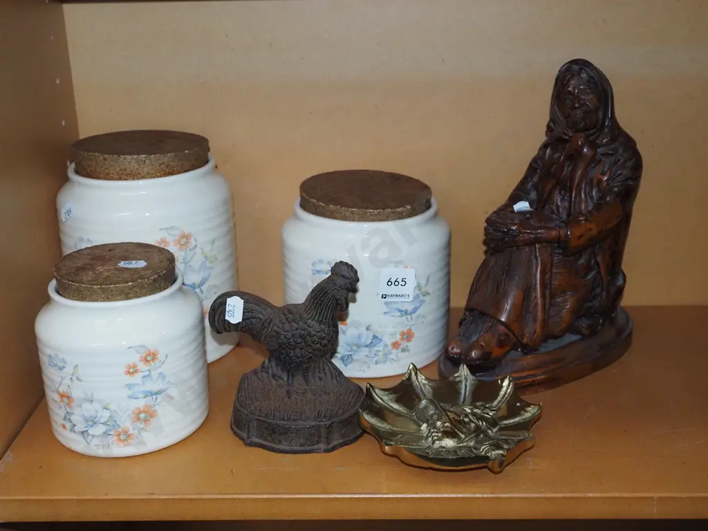 3x lidded canisters,cast metal poultry doorstop, figurine H-230 Image 1++