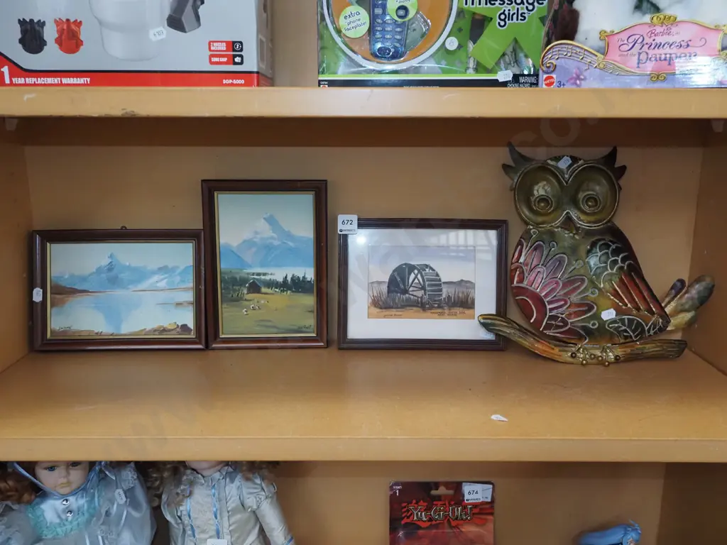 small John Brassell oils on boards, metal owl, Yvonne Benson hand colouredd print Image 1++
