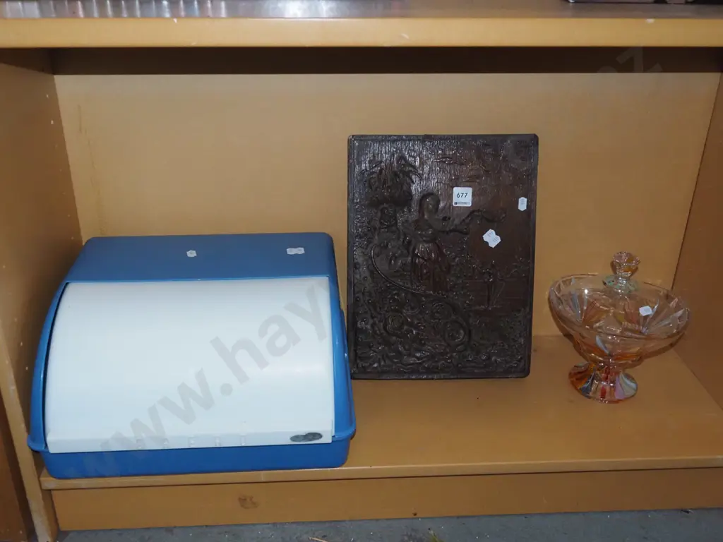 wooden panel, coloured cut glass comport etc Image 1++