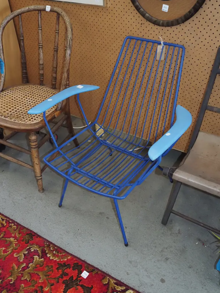 blue painted mid century wood and metal armchair Image 1++
