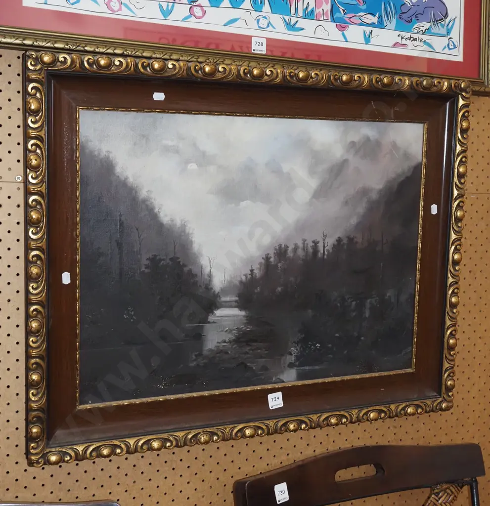 ornate framed oil on board - stream - marks and age Image 1++