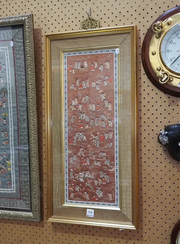 framed detailed needlework on silk H-640 Image 1++