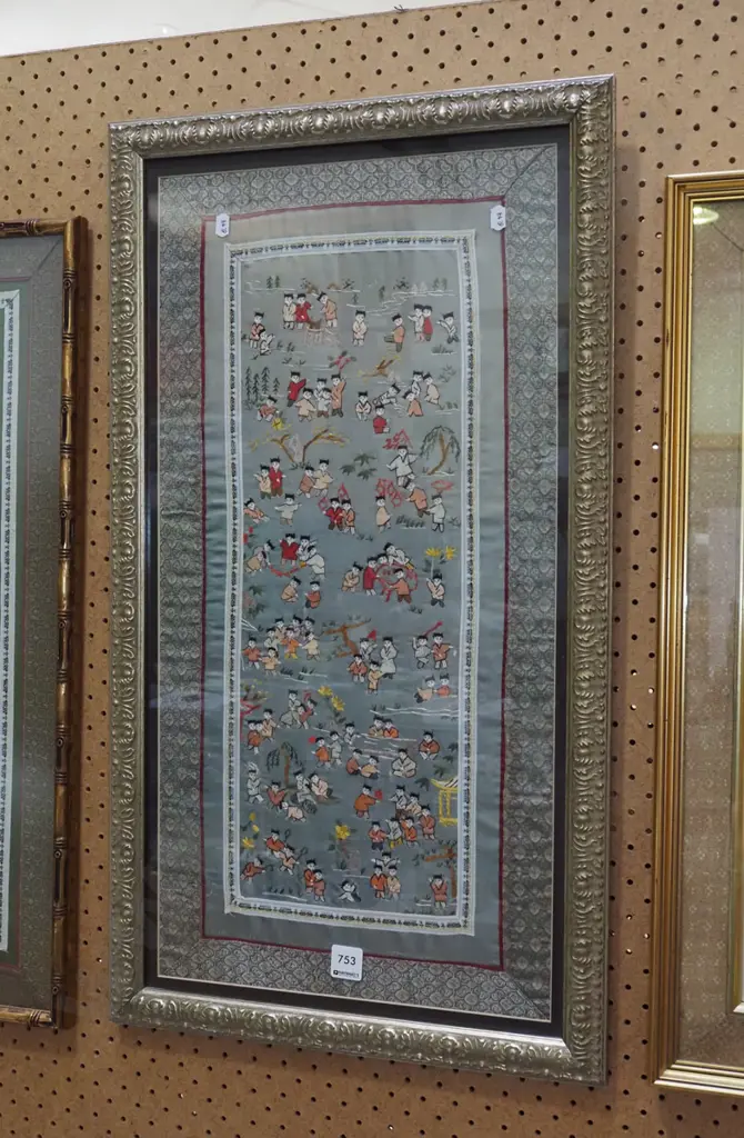 framed detailed needlework on silk H-720 Image 1++