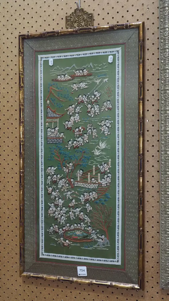 framed detailed needlework on silk H-670 Image 1++