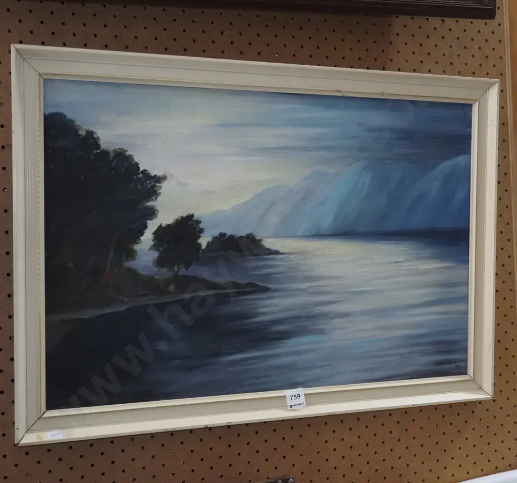 framed oil - lake and mountain scene - framing needs attention Image 1++