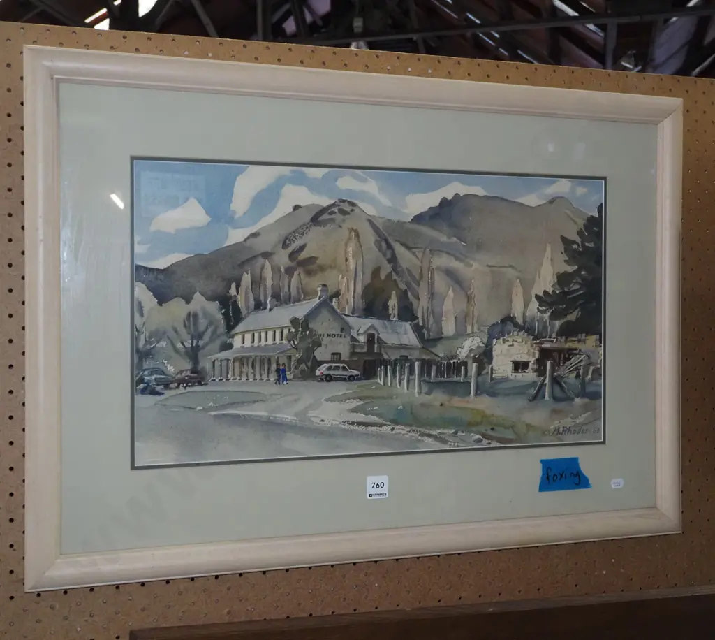 M Rhodes - framed watercolour - country pub scene - foxing  Image 1++