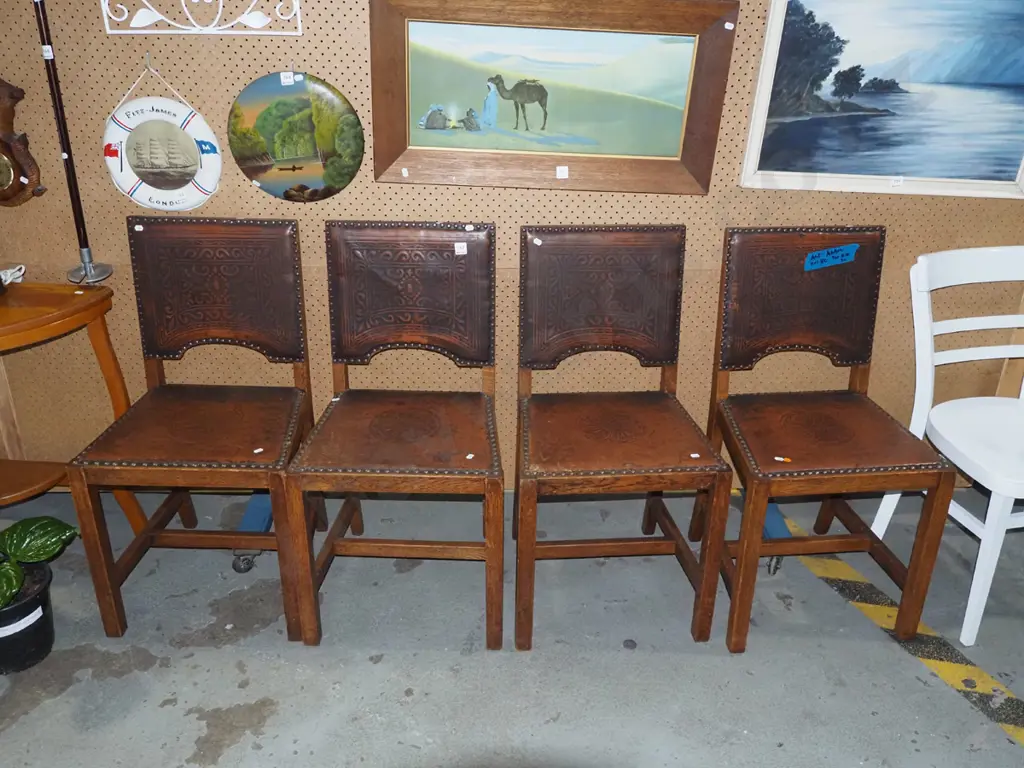 4 tooled leather oak dining chairs Image 1++