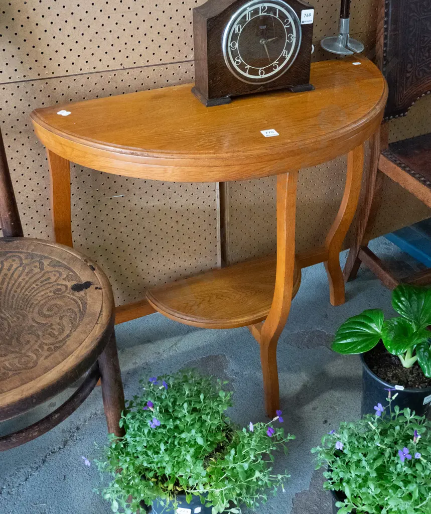 2 tier oak half round hall table Image 1++