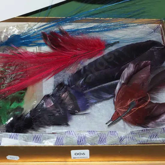box; various milliner's feathers