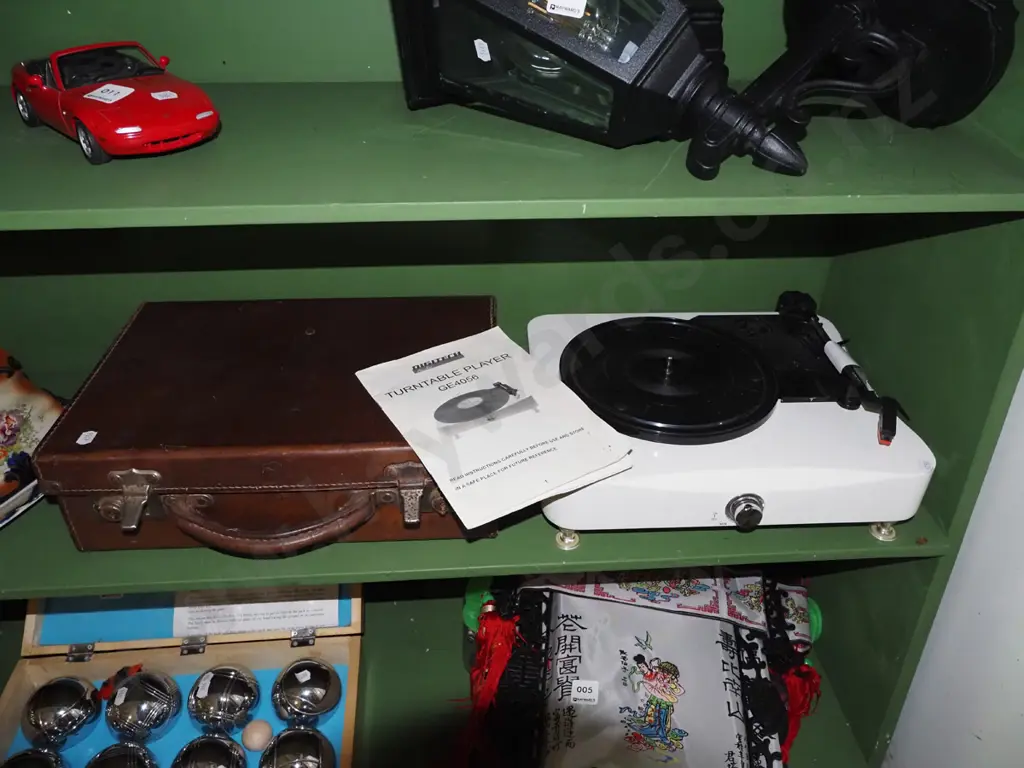 small leather suitcase and a Digitech turntable Image 1++