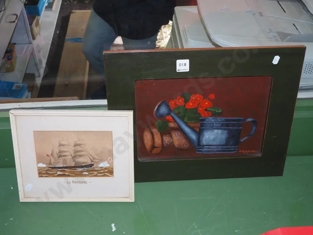 framed watercolour - SS Harmony, oil on board - watering can Image 1++