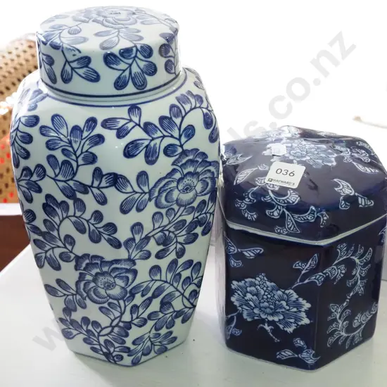 2x blue and white canisters