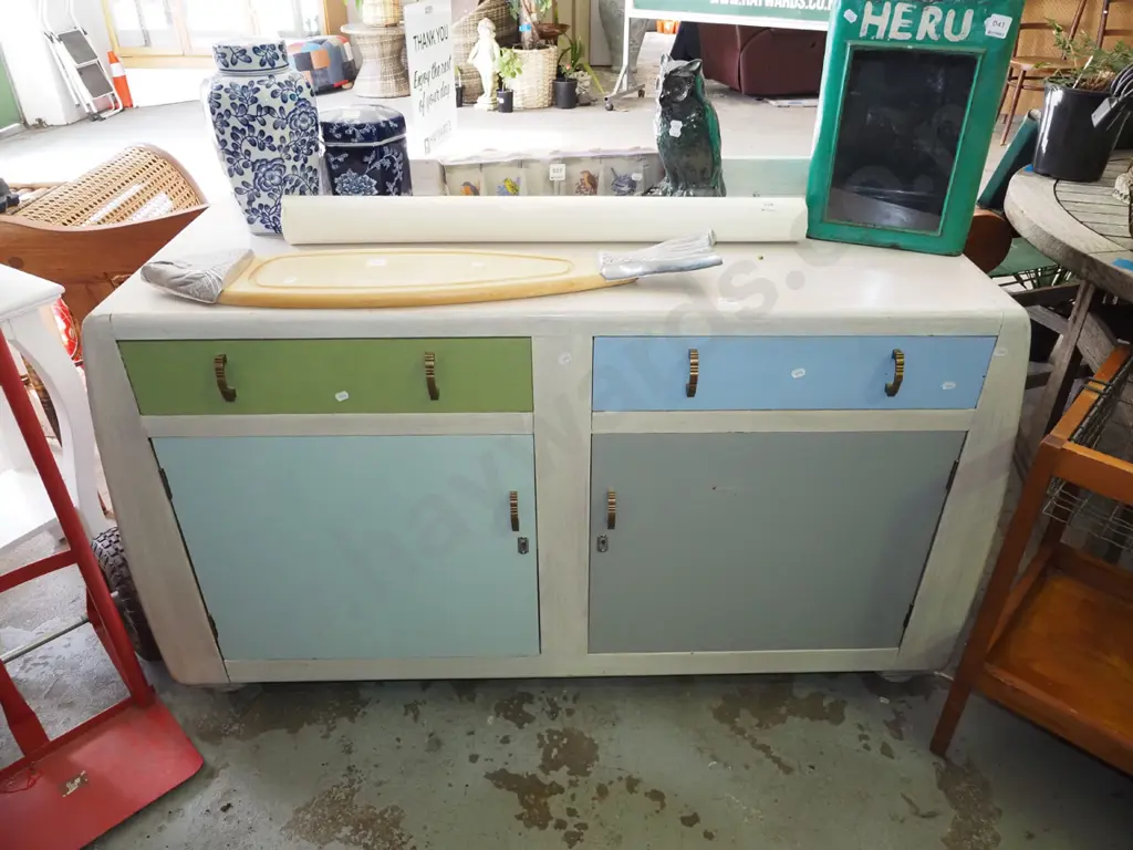 multi coloured hand painted deco 2 door 2 drawer sideboard H-800W-1320 D-520 Image 1++