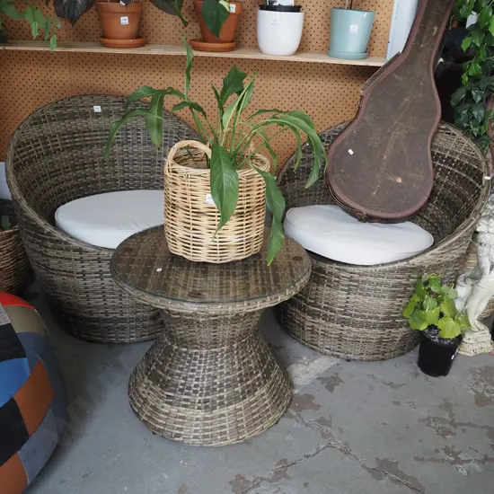 woven plastic 3 piece outdoor patio suite - 2x singles, glass top coffee table 