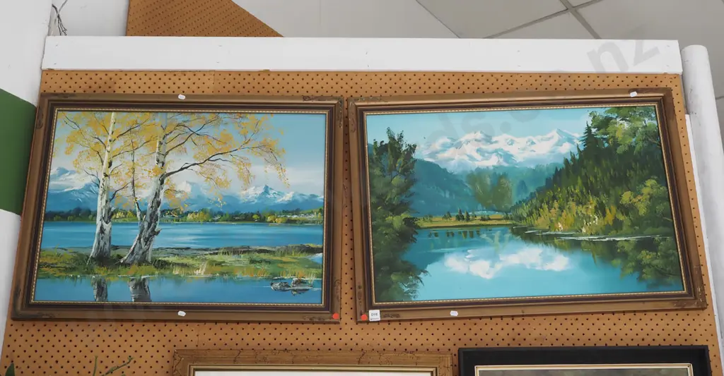 2x framed oils - landscapes - lakes - red dots - frames need attention Image 1++