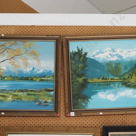 2x framed oils - landscapes - lakes - red dots - frames need attention