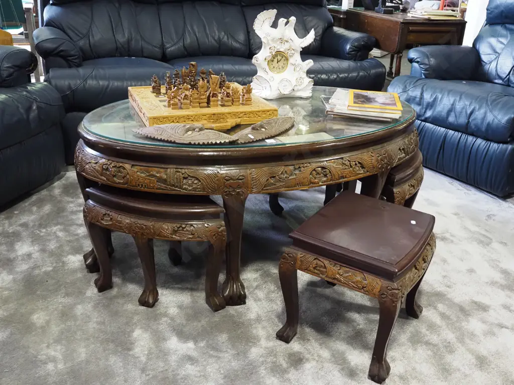 heavily carved Chinese oval low dining table with 6 matching stools H-520 W-1250 D-750 Image 1++