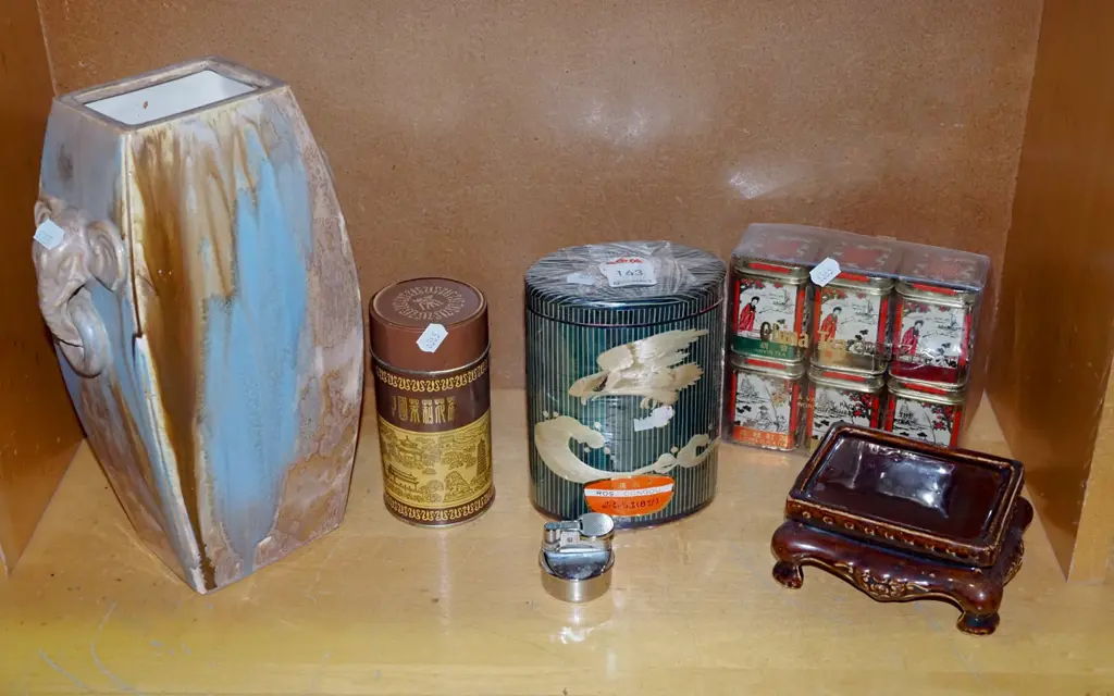 various Chinese teas, elephant themed trickle glaze vase, small table cigarette lighter Image 1++