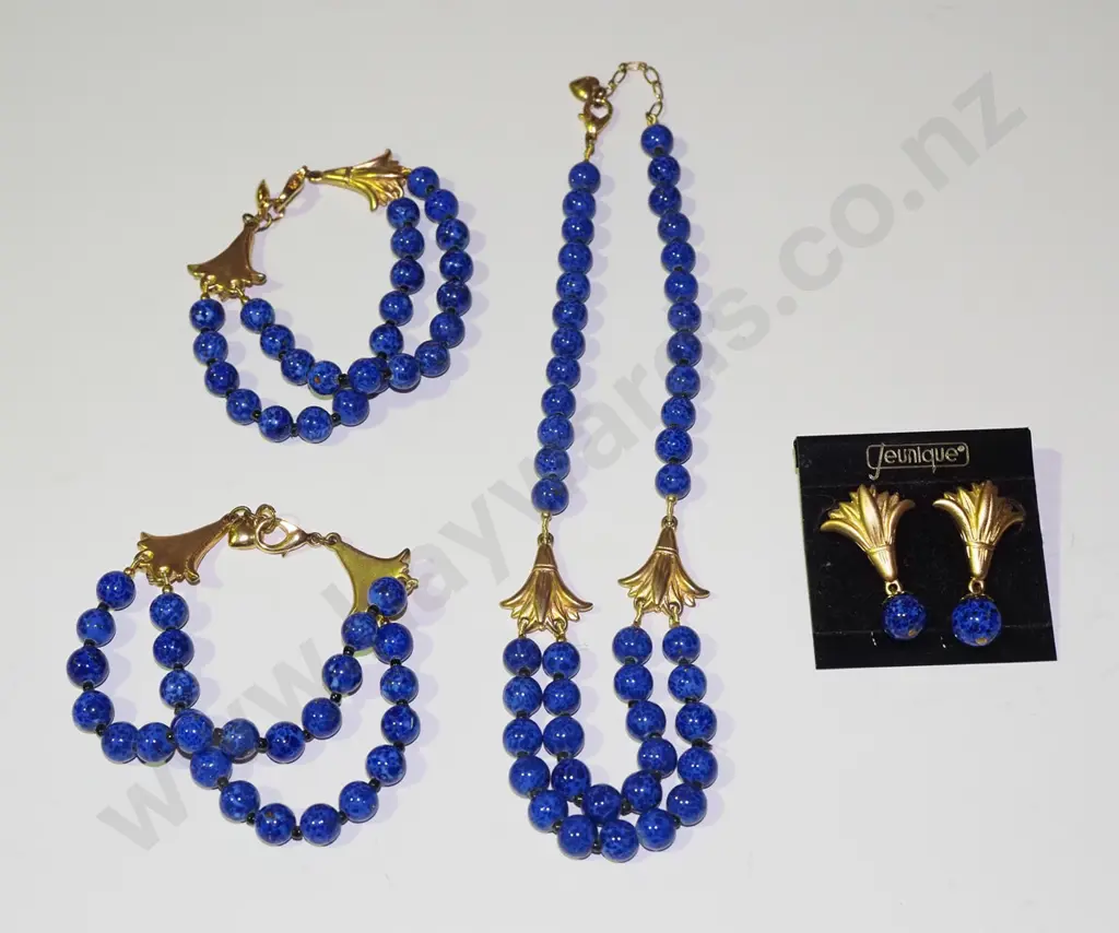 blue beaded and gold earrings, necklace sets Image 1++