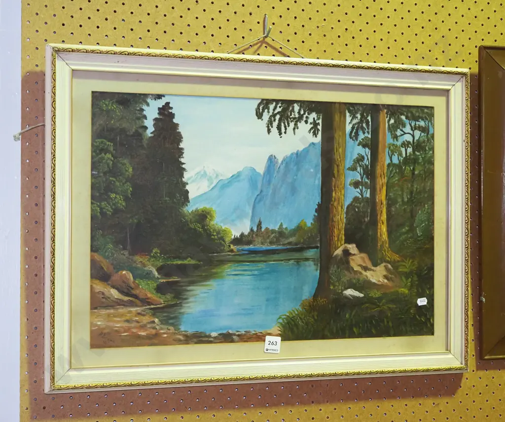 R Brown 1965 - oil on board - lake and mountain scene Image 1++