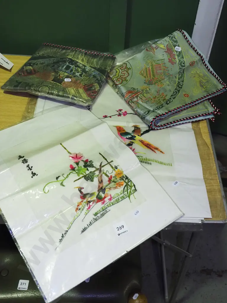 6x unframed Asian needleworks, 3x tablecloths Image 1++