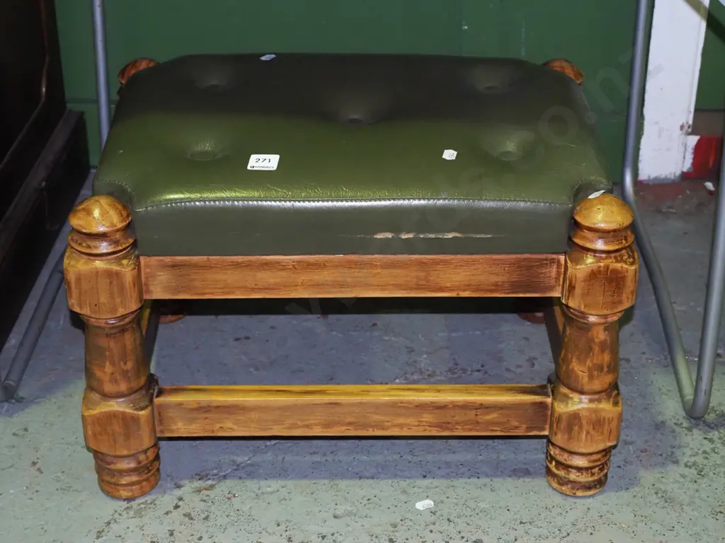 pine and green vinyl deep buttoned footstool Image 1++