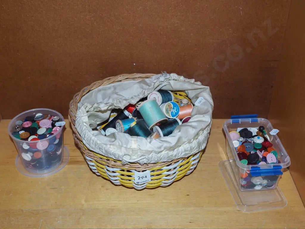 shelf; cane baskets, buttons, sewing threads Image 1++