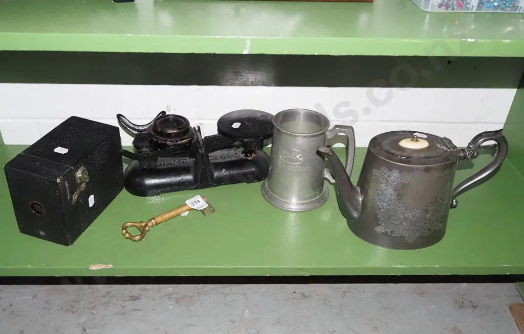 teapots, scales, brass key etc Image 1++