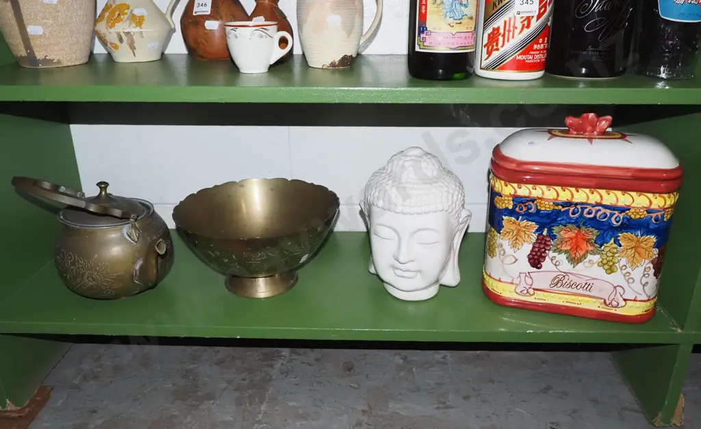 shelf; ceramic biscotti canister, buddha head etc Image 1++