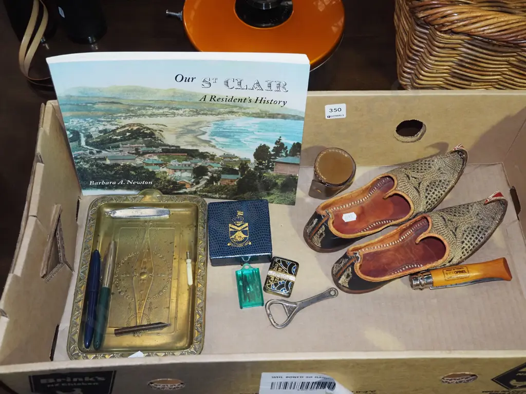 box; St Clair historical book, small leather shoes etc Image 1++