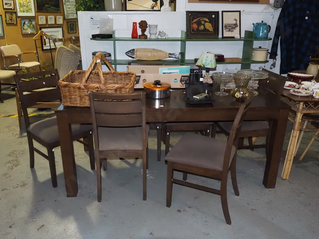 solid wood dark stained dining table with 6 matching brown ladder back chairs Image 1++