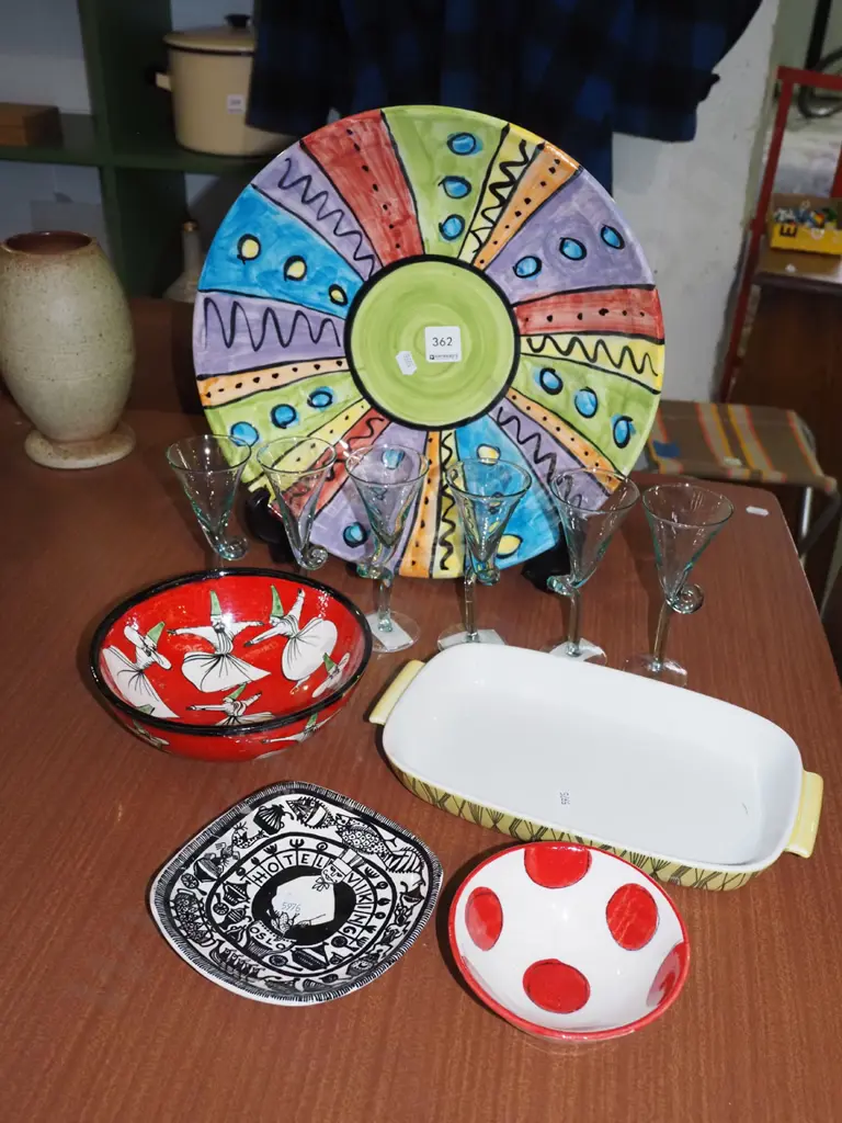 hand painted pottery bowls, art glass liqueur glasses etc Image 1++