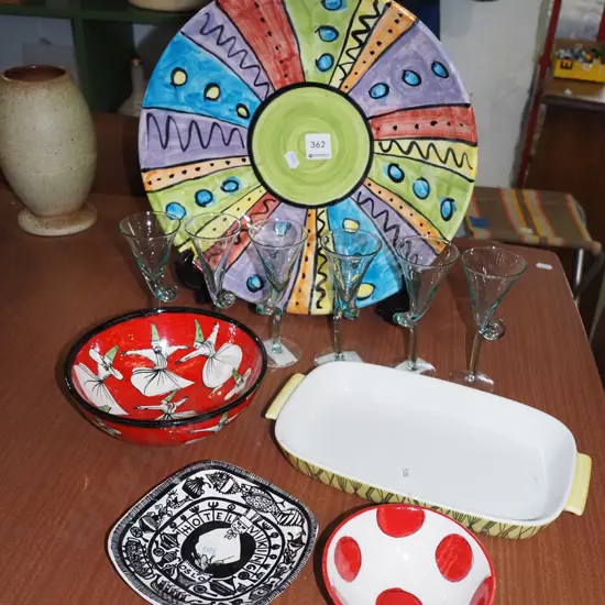 hand painted pottery bowls, art glass liqueur glasses etc