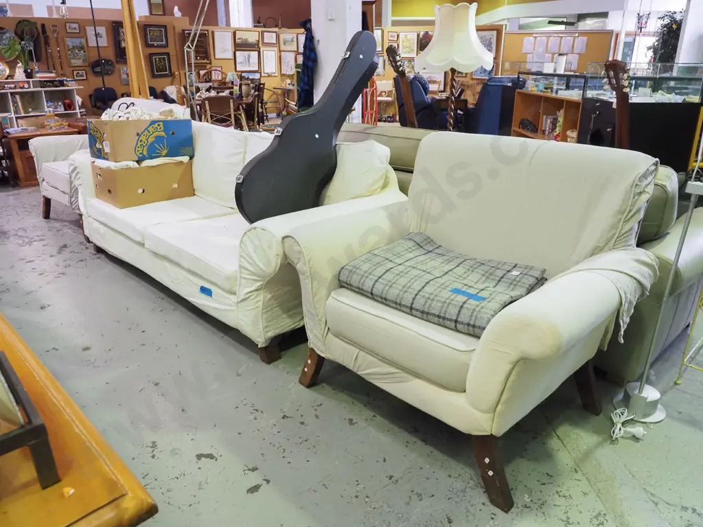 rolled arm 3 piece lounge suite - 3 seater, 2 singles and boxes of extra covers Image 1++