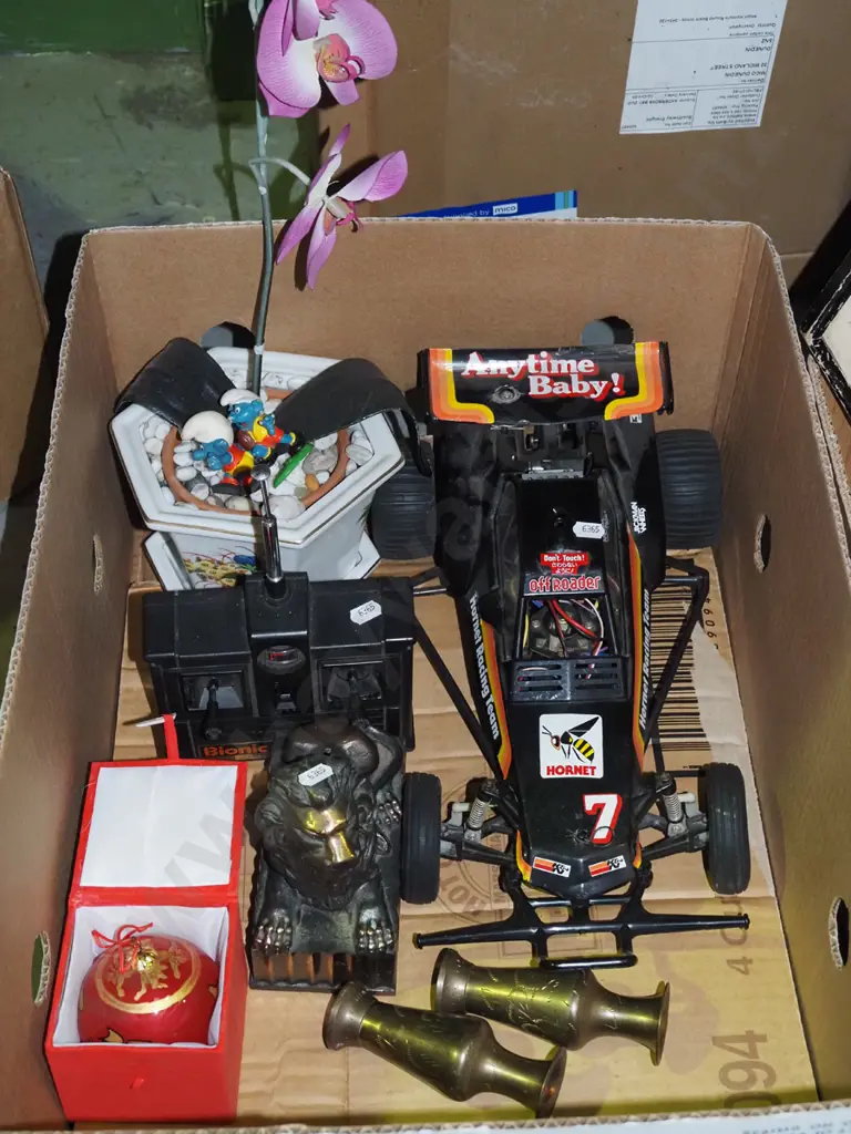 box; radio control car, faux orchids, brass vases etc Image 1++