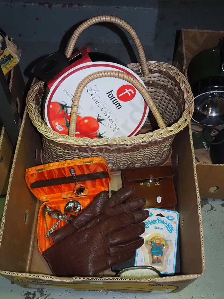 box; plastic basket, casserole, cased cutlery, gloves etc Image 1++