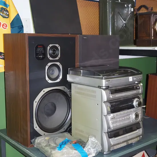 Aiwa stereo system; twin cassette, radio, turntable etc - comes with 2 large Philips speakers