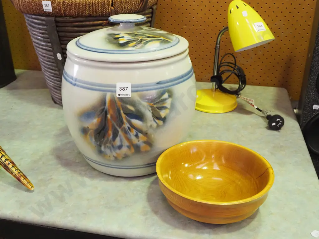 large lidded storage crock, turned wood bowl Image 1++