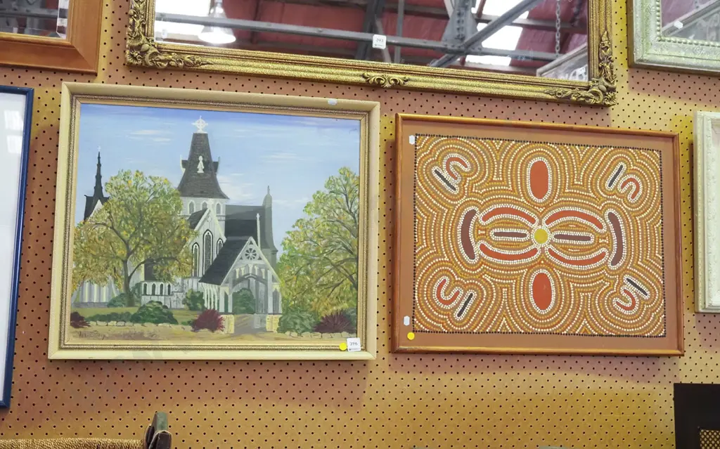 framed dot picture, oil on board - church - yellow dots Image 1++