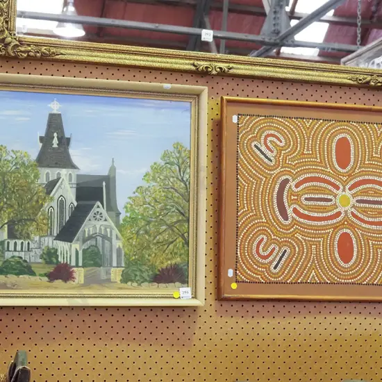 framed dot picture, oil on board - church - yellow dots