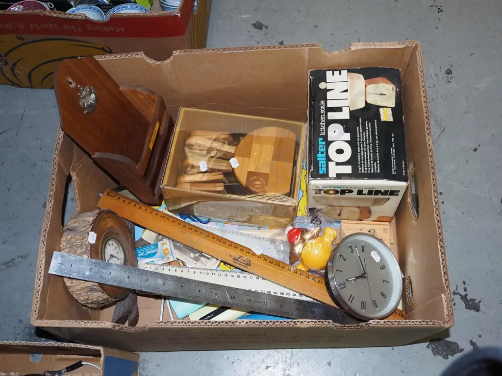 box; Salter kitchen scales, mantle clock, letter rack etc Image 1++