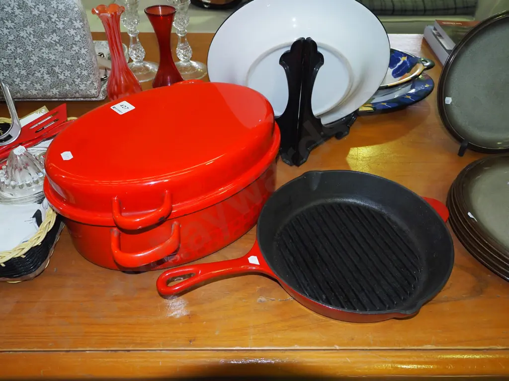 red enamel lidded casserole, frying pan Image 1++