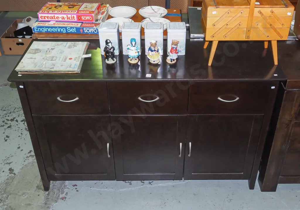 dark stained wood and mdf 3 door, 3 drawer sideboard H-860 W-1400 D-450 Image 1++