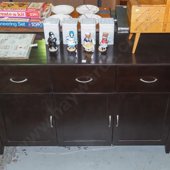 dark stained wood and mdf 3 door, 3 drawer sideboard H-860 W-1400 D-450